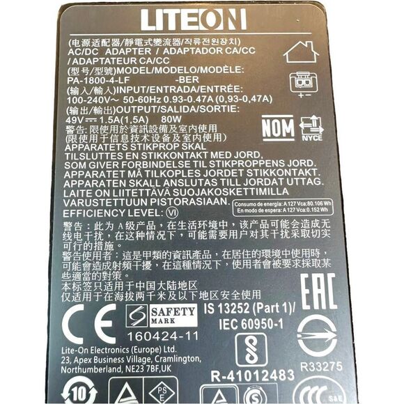 LITEON 49V 1.5A 80W PA-1800-4-LF Power Supply AC Adapter + Power Cord - Picture 4 of 6